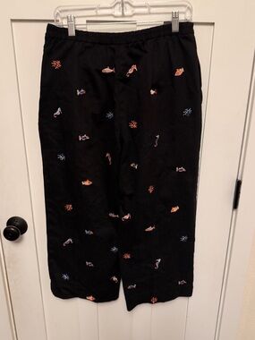Coldwater Creek Crop Wide Leg Pants Womens 12 Black Embroidered Side Zip Casual